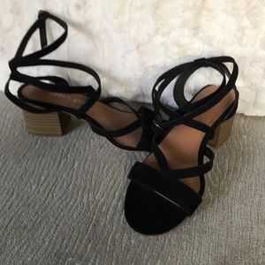 Black suede block heel strappy sandals